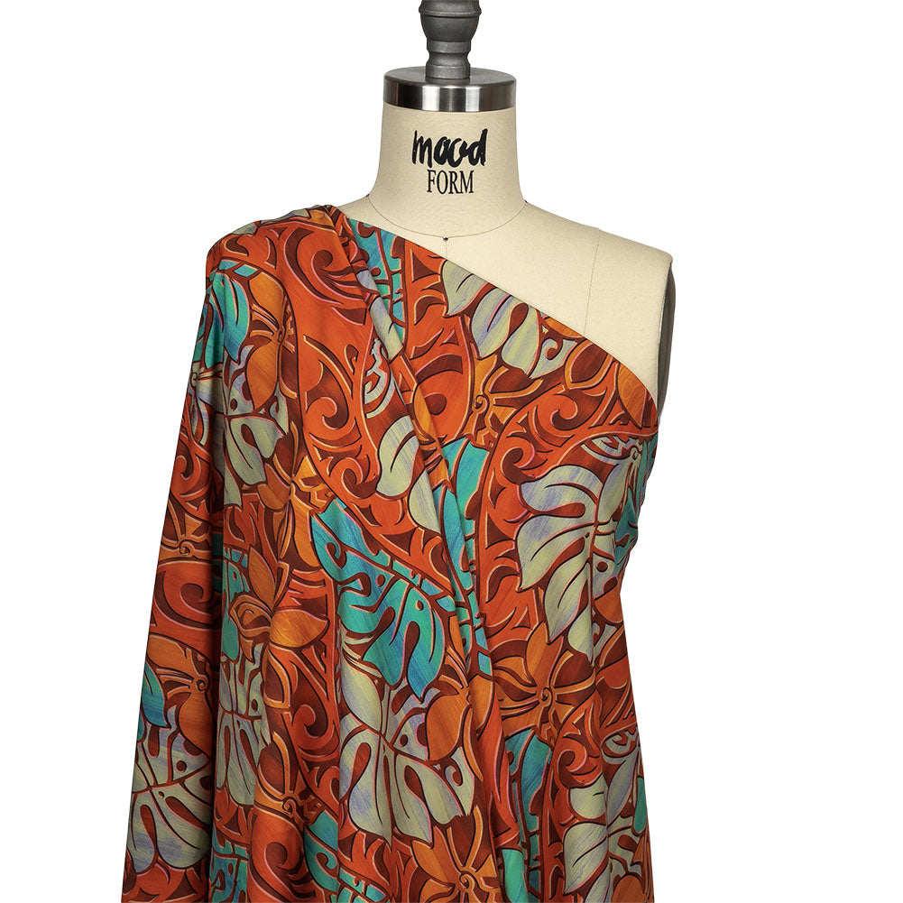 Orange and Turquoise Art Nouveau Leaves UV Protective Compression Swimwear Tricot with Aloe Vera Microcapsules - Drape Orange and Turquoise Art Nouveau Leaves UV Protective Compression Swimwear Tricot with Aloe Vera Microcapsules - Drape
