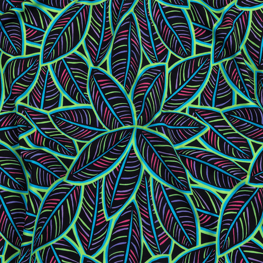 Black, Green and Blue Leaves UV Protective Compression Swimwear Tricot with Aloe Vera Microcapsules Black, Green and Blue Leaves UV Protective Compression Swimwear Tricot with Aloe Vera Microcapsules