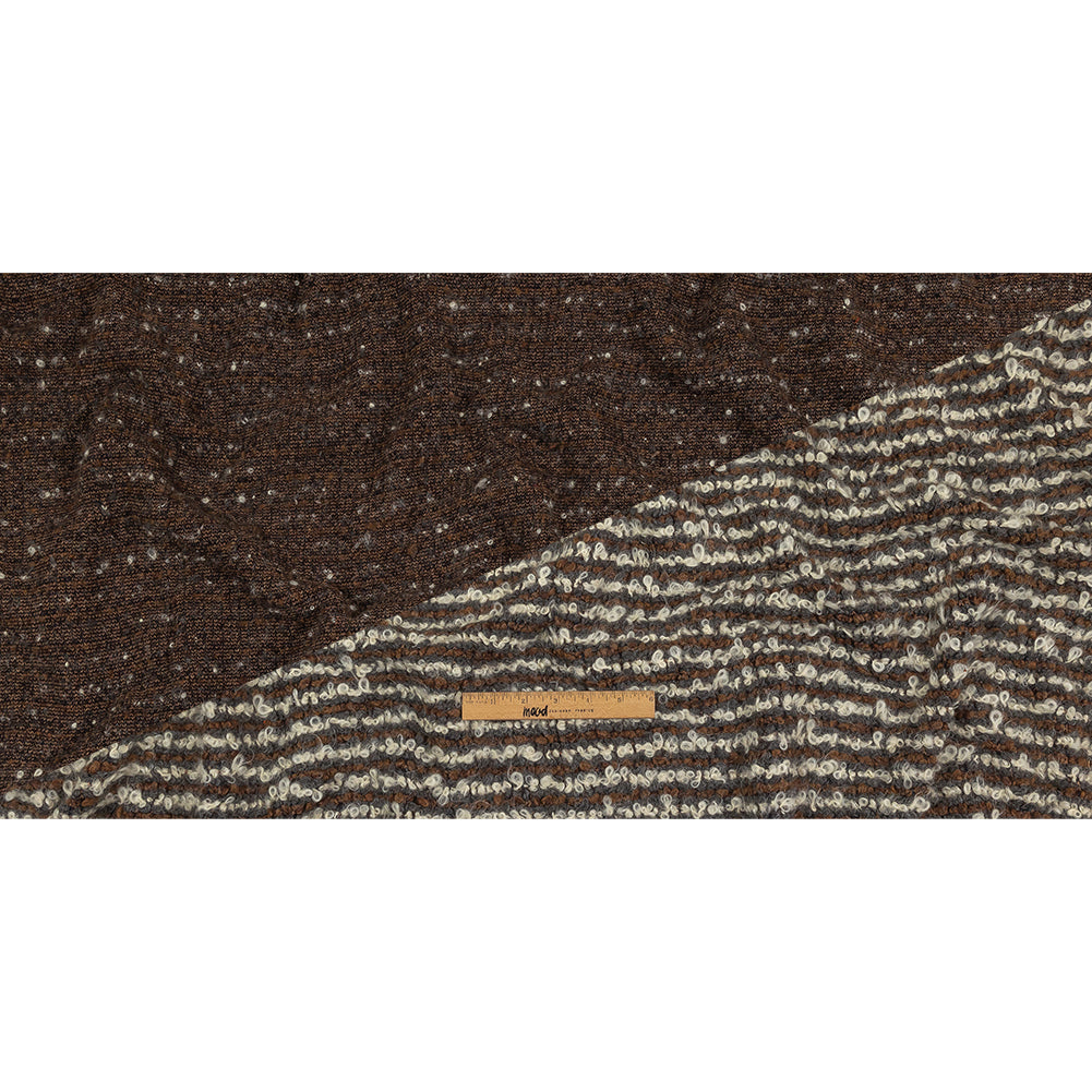 Brown, Charcoal and Off White Striped Plush Boucle Wool Knit Full Brown, Charcoal and Off White Striped Plush Boucle Wool Knit Full