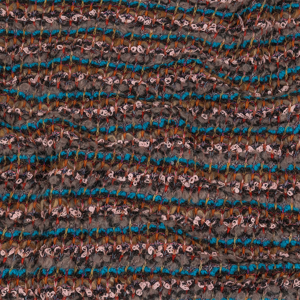 Italian Turquoise, Greige, and Pink Striped Boucle Wool Sweater Knit Italian Turquoise, Greige, and Pink Striped Boucle Wool Sweater Knit