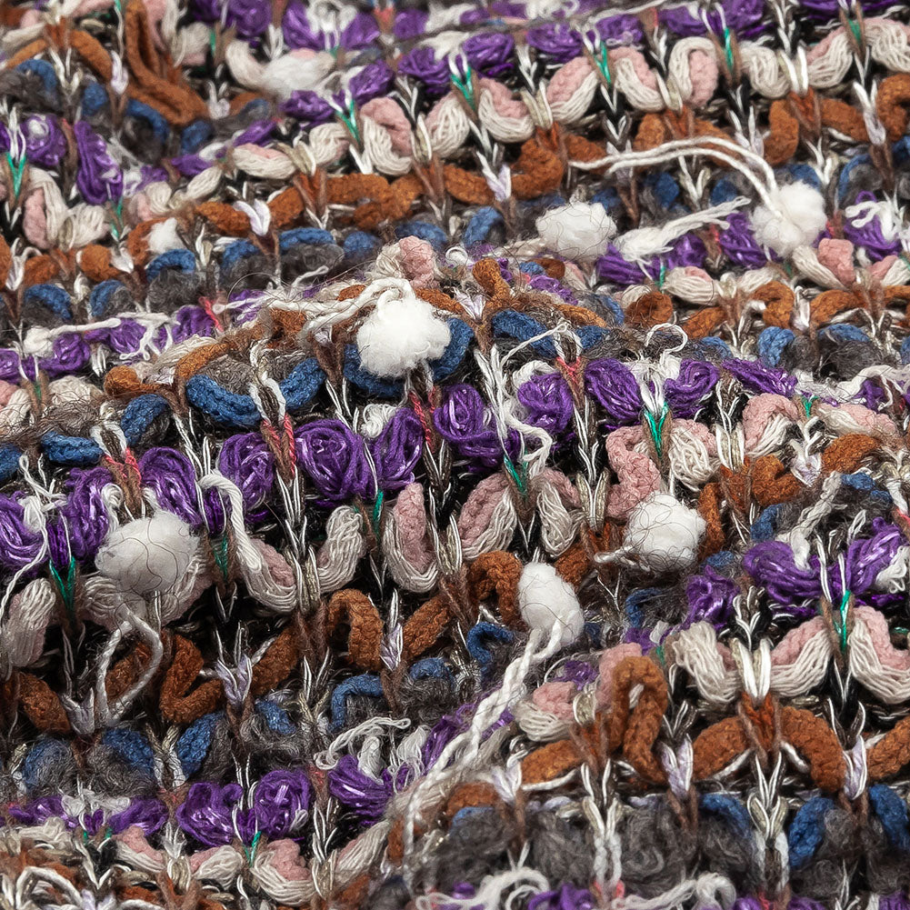Purple, Burnt Orange and Gray Striped Tactile Cotton and Polyester Knit with Pom Poms Detail Purple, Burnt Orange and Gray Striped Tactile Cotton and Polyester Knit with Pom Poms Detail