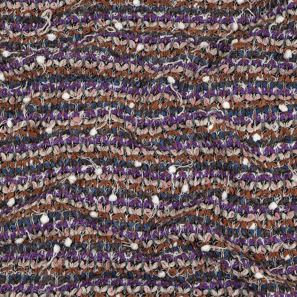 Purple, Burnt Orange and Gray Striped Tactile Cotton and Polyester Knit with Pom Poms Purple, Burnt Orange and Gray Striped Tactile Cotton and Polyester Knit with Pom Poms
