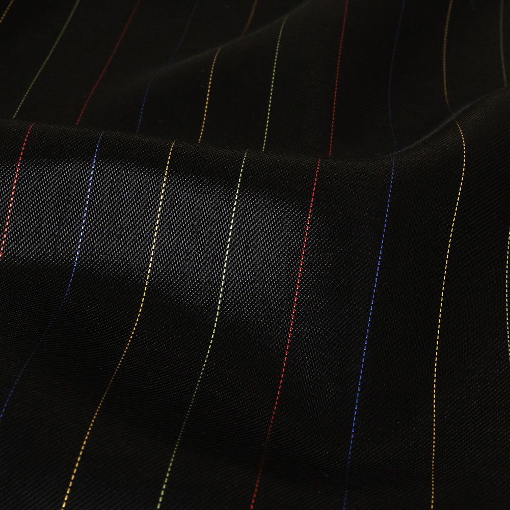 Black and Rainbow Pinstriped Acetate Twill Lining - Detail Black and Rainbow Pinstriped Acetate Twill Lining - Detail