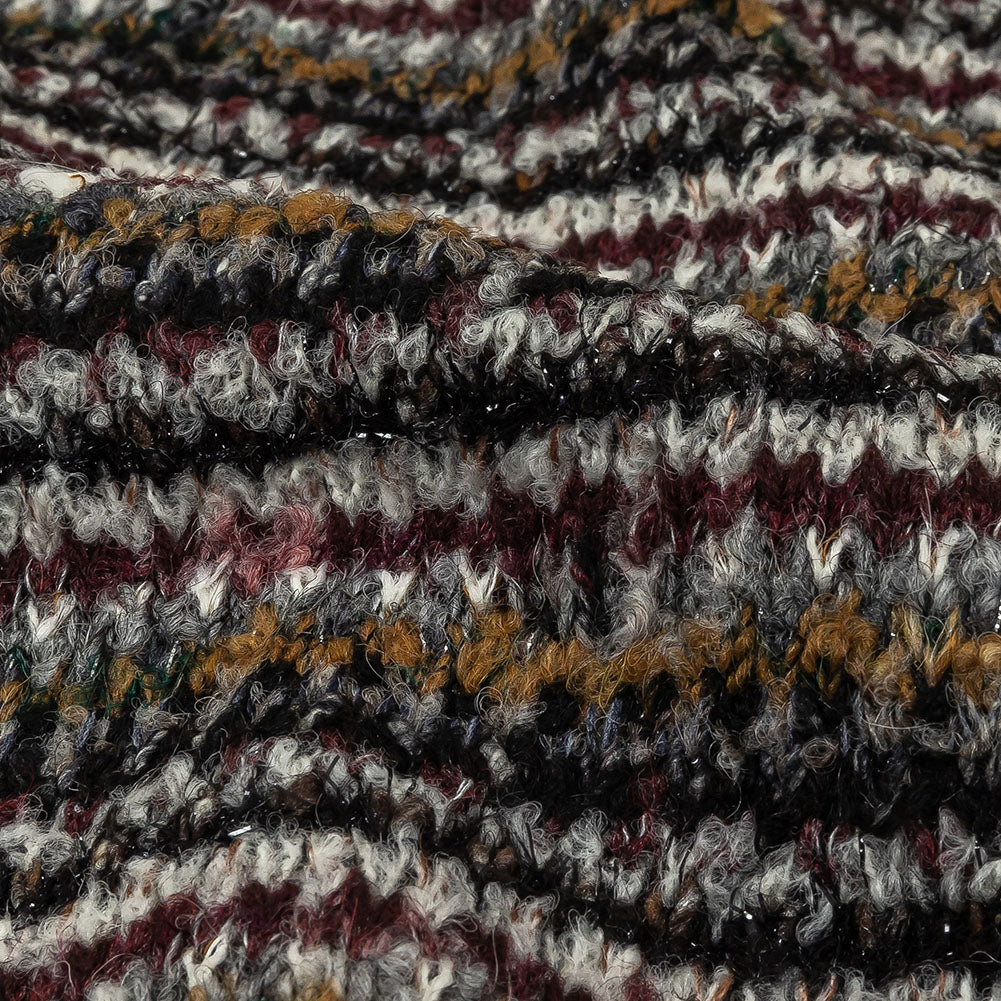 Burgundy, Cream and Metallic Silver Striped Boucle Blended Wool Sweater Knit with Black Eyelash Fringe Detail Burgundy, Cream and Metallic Silver Striped Boucle Blended Wool Sweater Knit with Black Eyelash Fringe Detail