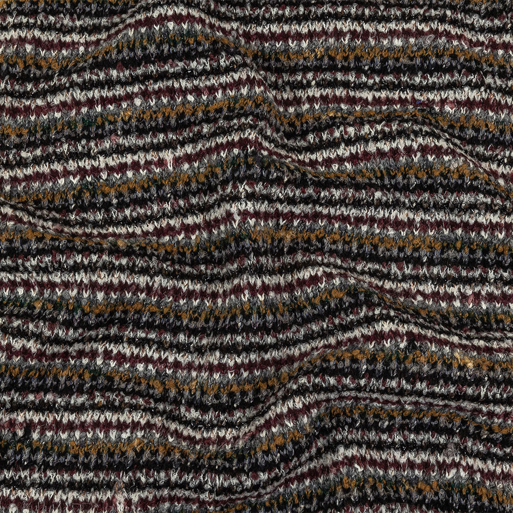 Burgundy, Cream and Metallic Silver Striped Boucle Blended Wool Sweater Knit with Black Eyelash Fringe Burgundy, Cream and Metallic Silver Striped Boucle Blended Wool Sweater Knit with Black Eyelash Fringe