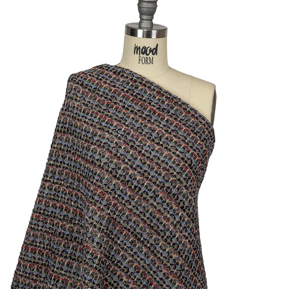 Italian Dusty Blue, Charcoal and Red Striped Boucle Blended Wool Sweater Knit Drape Italian Dusty Blue, Charcoal and Red Striped Boucle Blended Wool Sweater Knit Drape