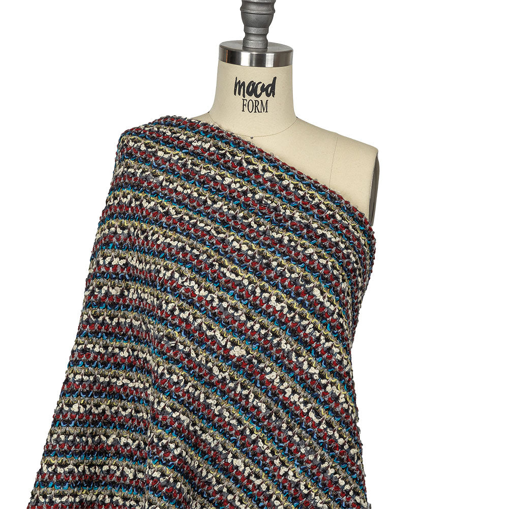Italian Red, Blue and Sweet Corn Striped Boucle Blended Wool Sweater Knit Drape Italian Red, Blue and Sweet Corn Striped Boucle Blended Wool Sweater Knit Drape