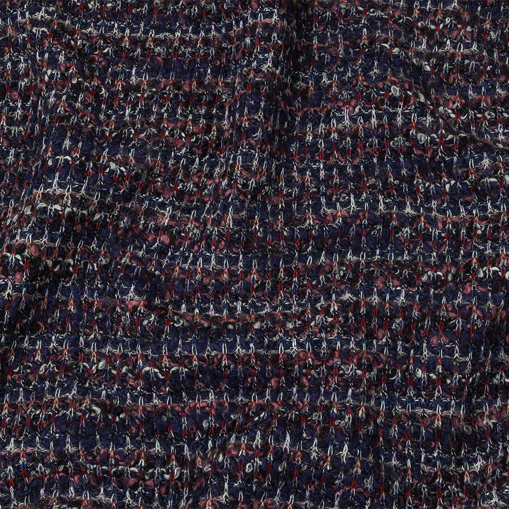 Italian Maritime Blue, Dusty Rose, and Red Striated Boucle Blended Wool Sweater Knit Italian Maritime Blue, Dusty Rose, and Red Striated Boucle Blended Wool Sweater Knit