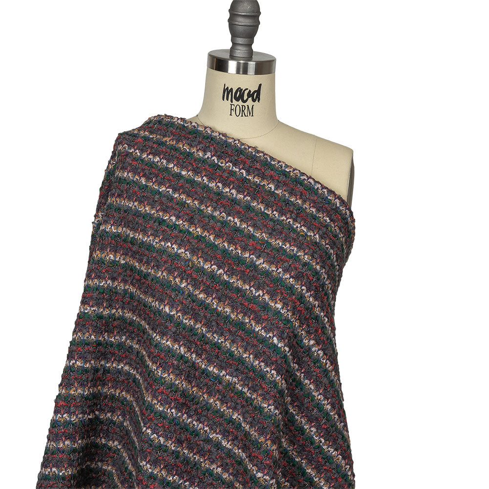 Italian Gray, Emerald, and Pink Striped Boucle Blended Wool Sweater Knit Drape Italian Gray, Emerald, and Pink Striped Boucle Blended Wool Sweater Knit Drape