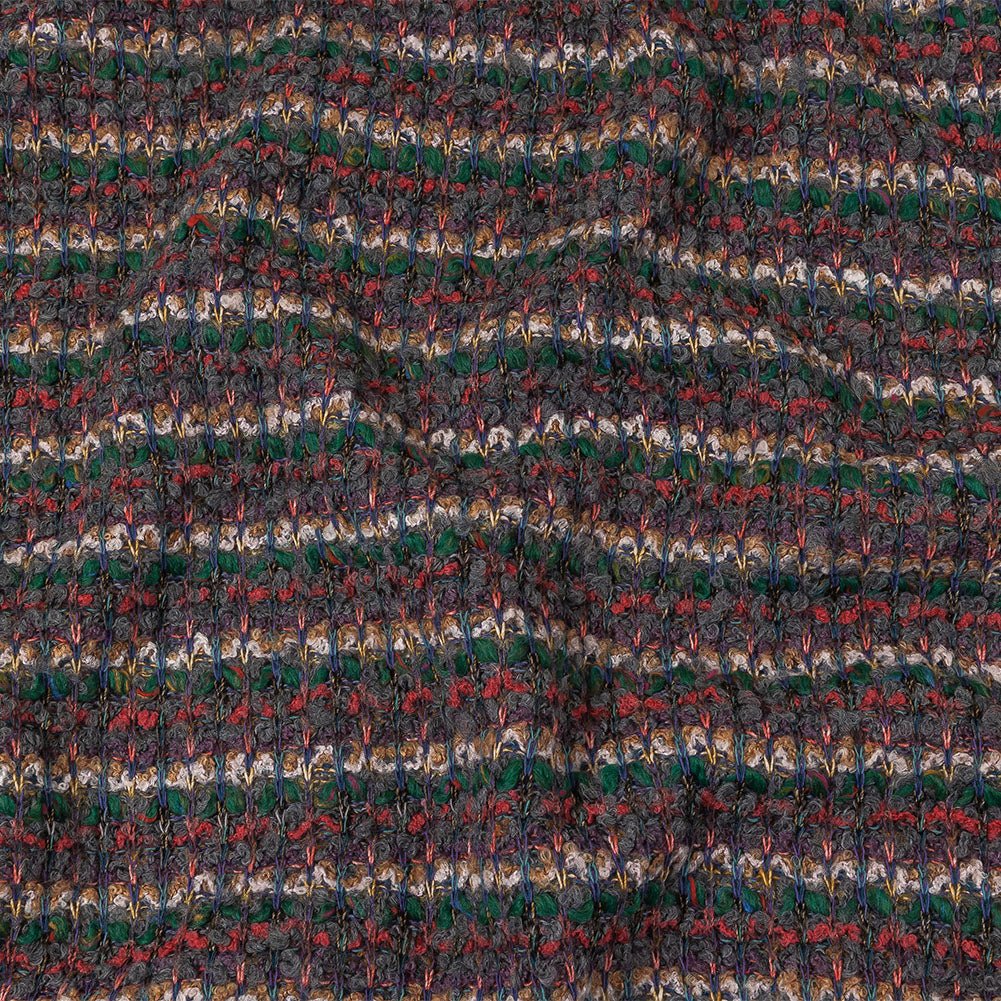Italian Gray, Emerald, and Pink Striped Boucle Blended Wool Sweater Knit Italian Gray, Emerald, and Pink Striped Boucle Blended Wool Sweater Knit