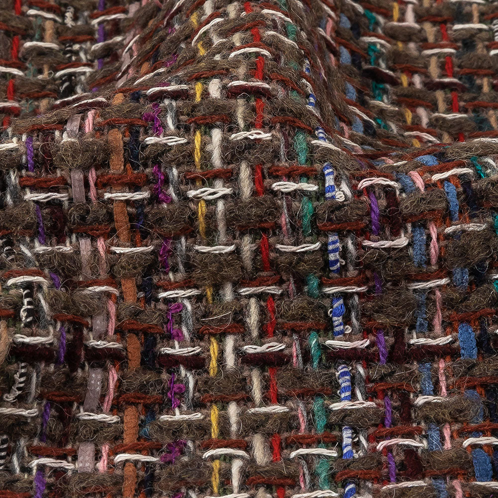 Italian Taupe, Burgundy and Multicolor Tweedy Plaid Blended Wool Woven Detail Italian Taupe, Burgundy and Multicolor Tweedy Plaid Blended Wool Woven Detail