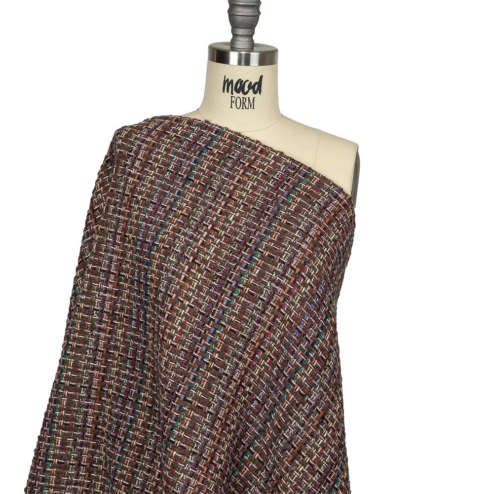 Italian Taupe, Burgundy and Multicolor Tweedy Plaid Blended Wool Woven Drape Italian Taupe, Burgundy and Multicolor Tweedy Plaid Blended Wool Woven Drape