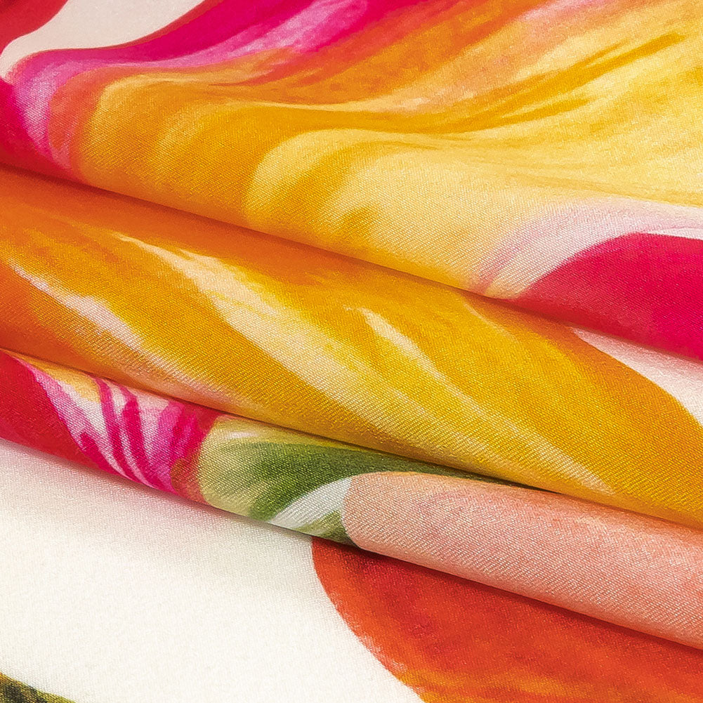 Mood Exclusive Italian Magenta, Orange and Green Lilies Silk Charmeuse - Folded Mood Exclusive Italian Magenta, Orange and Green Lilies Silk Charmeuse - Folded