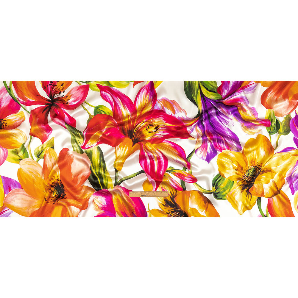Mood Exclusive Italian Magenta, Orange and Green Lilies Silk Charmeuse - Full Mood Exclusive Italian Magenta, Orange and Green Lilies Silk Charmeuse - Full