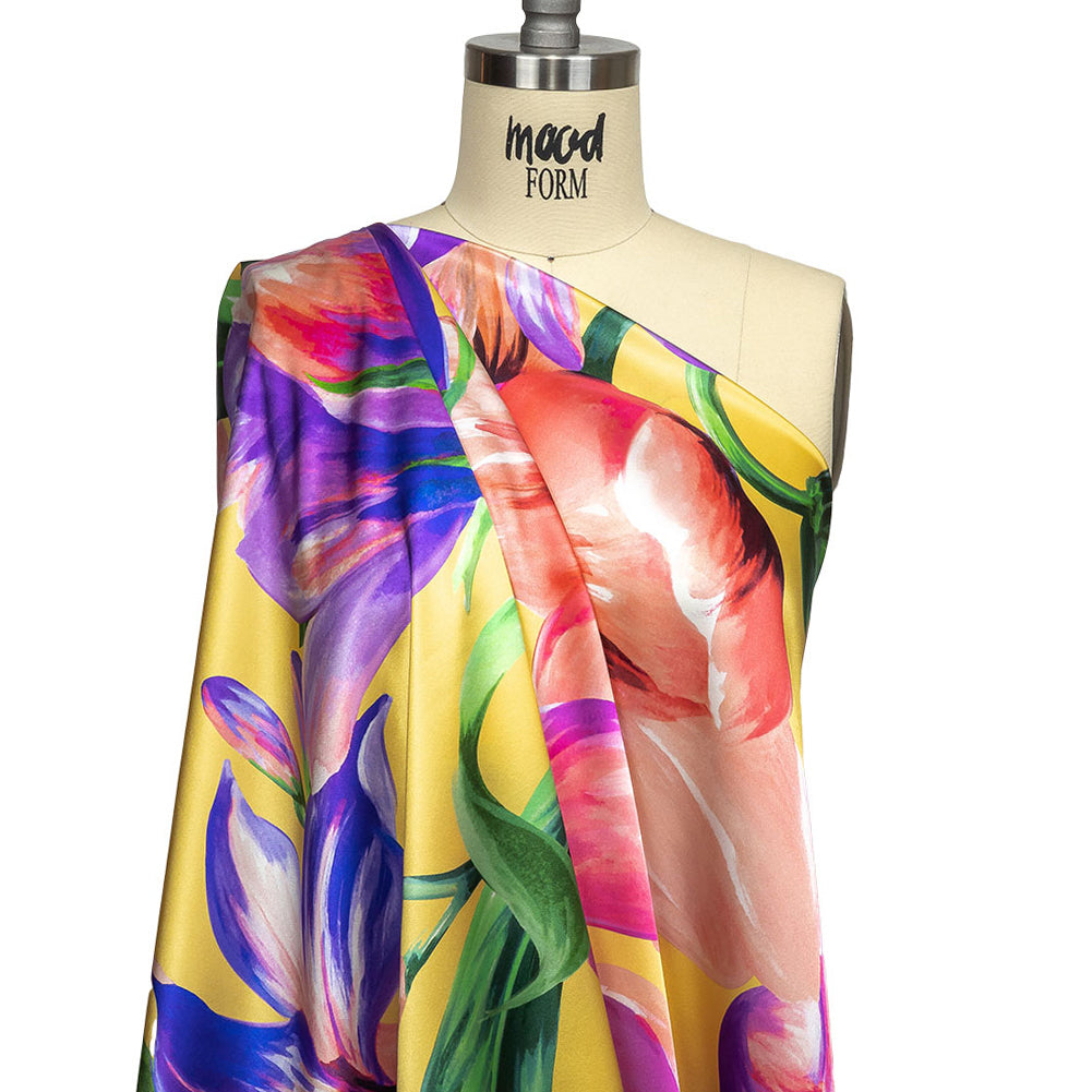 Mood Exclusive Italian Purple, Strawberry Pink and Yellow Lilies Silk Charmeuse - Drape Mood Exclusive Italian Purple, Strawberry Pink and Yellow Lilies Silk Charmeuse - Drape