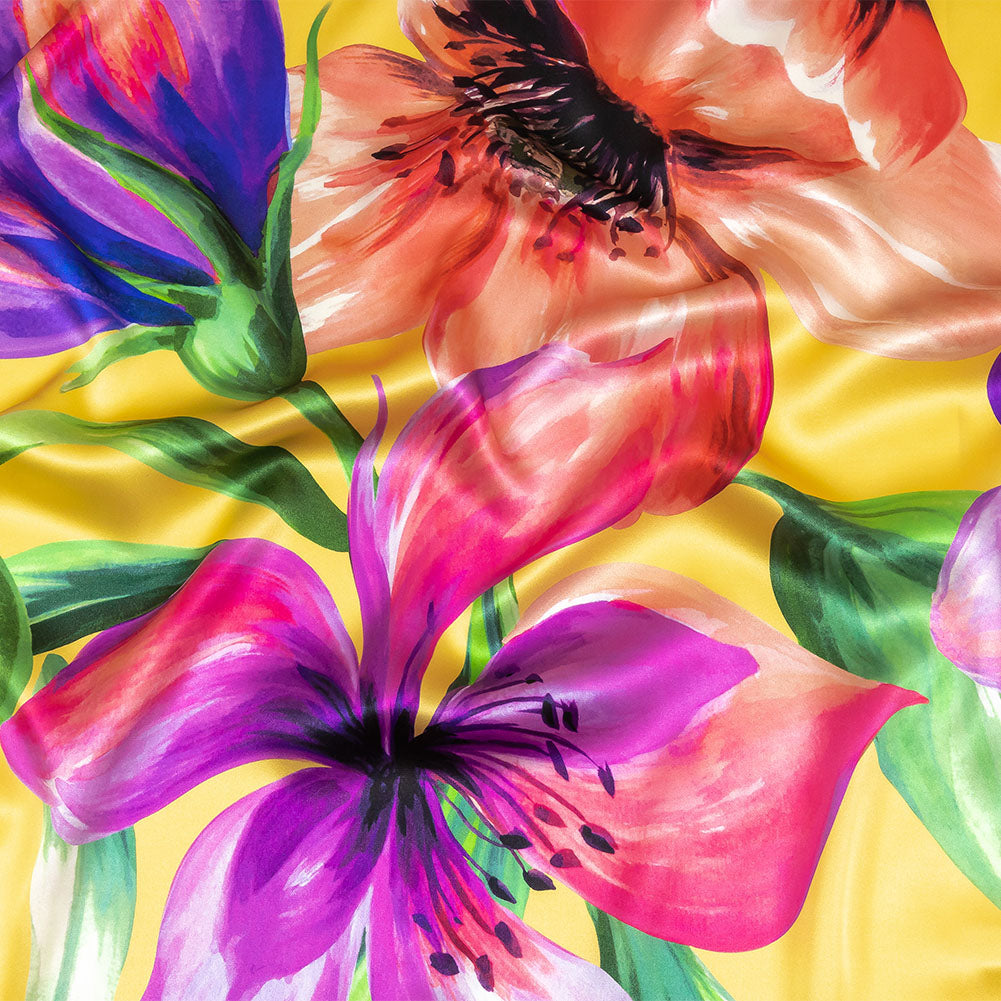 Mood Exclusive Italian Purple, Strawberry Pink and Yellow Lilies Silk Charmeuse Mood Exclusive Italian Purple, Strawberry Pink and Yellow Lilies Silk Charmeuse