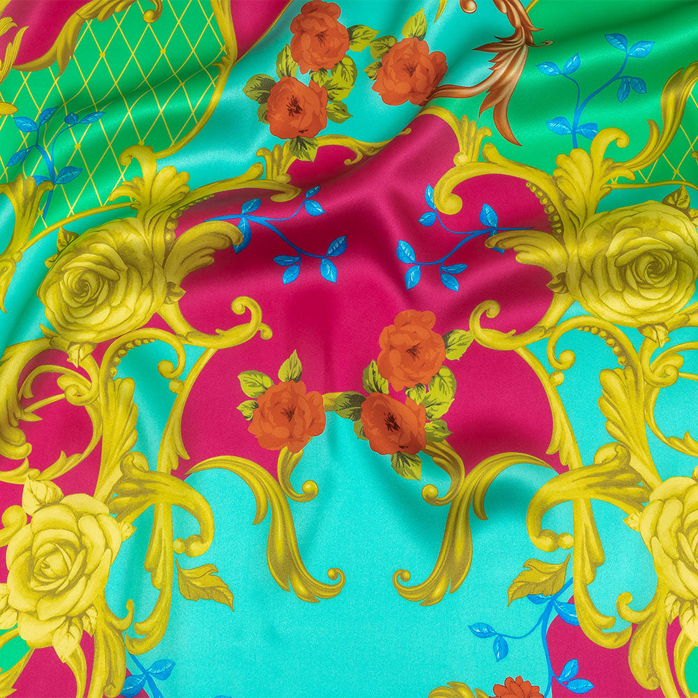Mood Exclusive Italian Aqua, Pink and Gold Rose Filigree Silk Charmeuse Mood Exclusive Italian Aqua, Pink and Gold Rose Filigree Silk Charmeuse