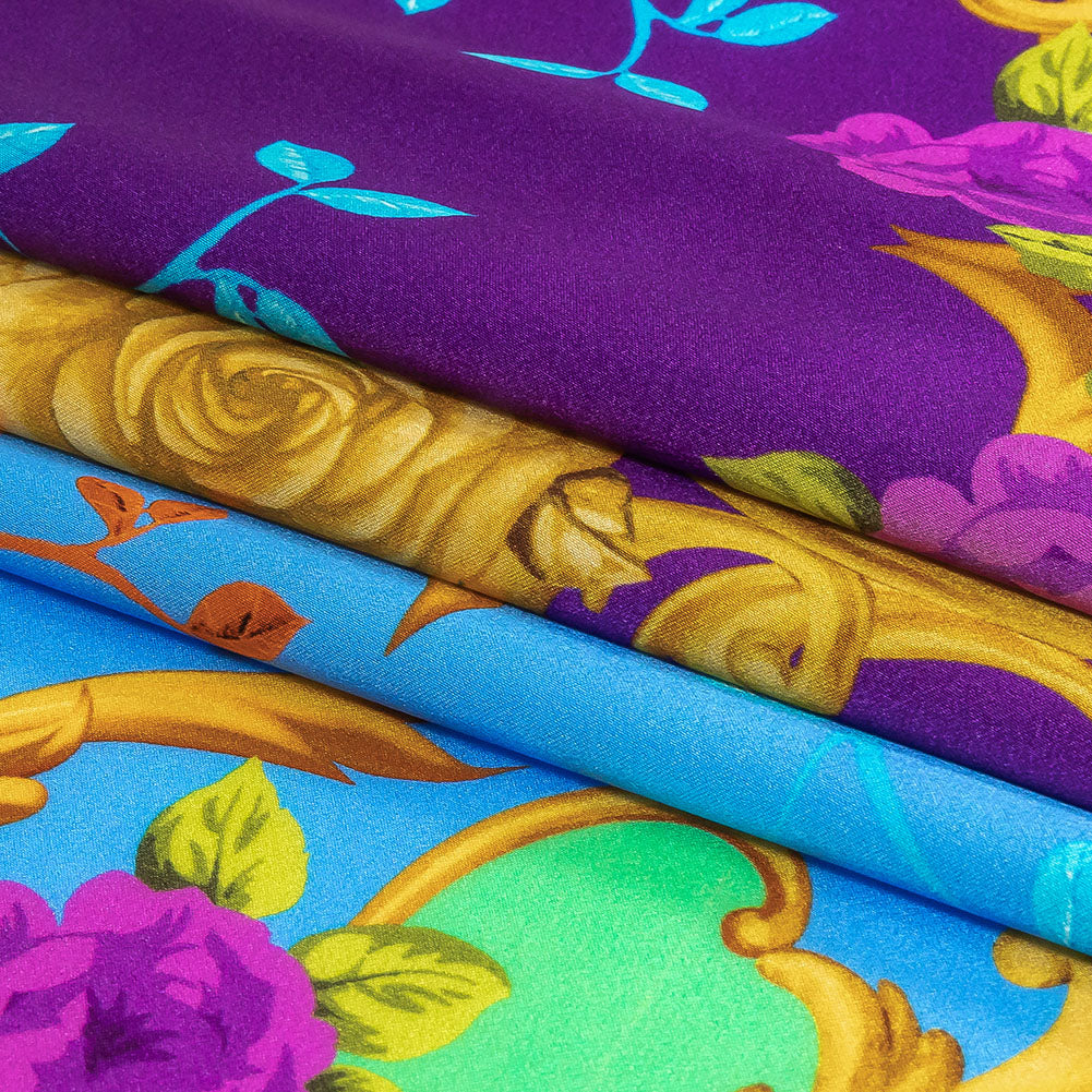 Mood Exclusive Italian Royal Purple, Blue and Gold Rose Filigree Silk Charmeuse - Folded Mood Exclusive Italian Royal Purple, Blue and Gold Rose Filigree Silk Charmeuse - Folded
