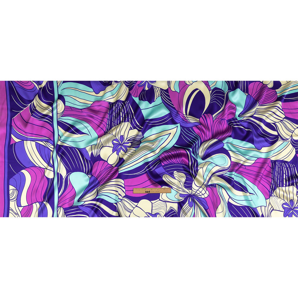 Mood Exclusive Italian Sky Blue, Frozen Dew and Iris Orchid Art Nouveau Flowers Border Print Silk Charmeuse - Full Mood Exclusive Italian Sky Blue, Frozen Dew and Iris Orchid Art Nouveau Flowers Border Print Silk Charmeuse - Full