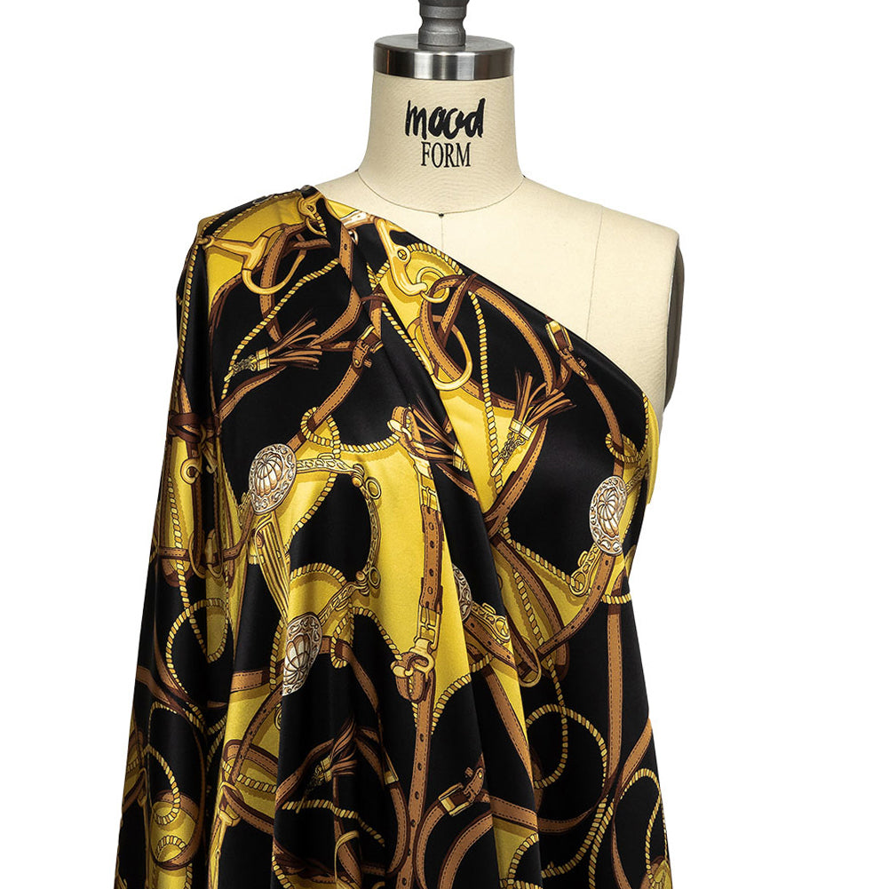 Mood Exclusive Italian Black, Yellow and Brown Bridles and Reins Silk Charmeuse Panel - Drape Mood Exclusive Italian Black, Yellow and Brown Bridles and Reins Silk Charmeuse Panel - Drape