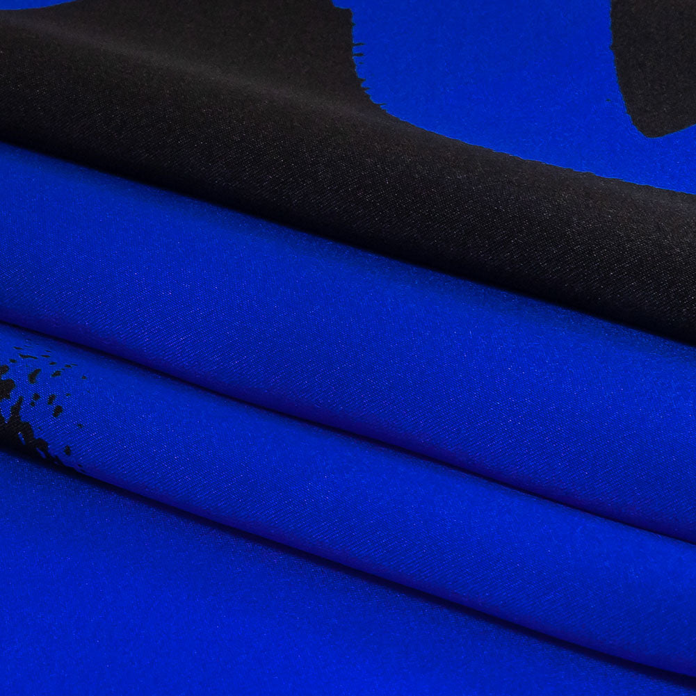 Mood Exclusive Italian Royal Blue and Black Brushstrokes Silk Charmeuse - Folded Mood Exclusive Italian Royal Blue and Black Brushstrokes Silk Charmeuse - Folded