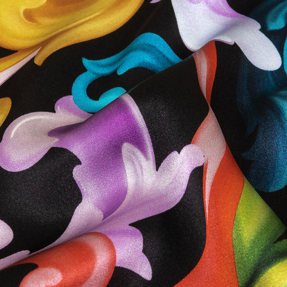 Mood Exclusive Italian Black and Rainbow Ornate Swirls Silk Charmeuse - Detail Mood Exclusive Italian Black and Rainbow Ornate Swirls Silk Charmeuse - Detail
