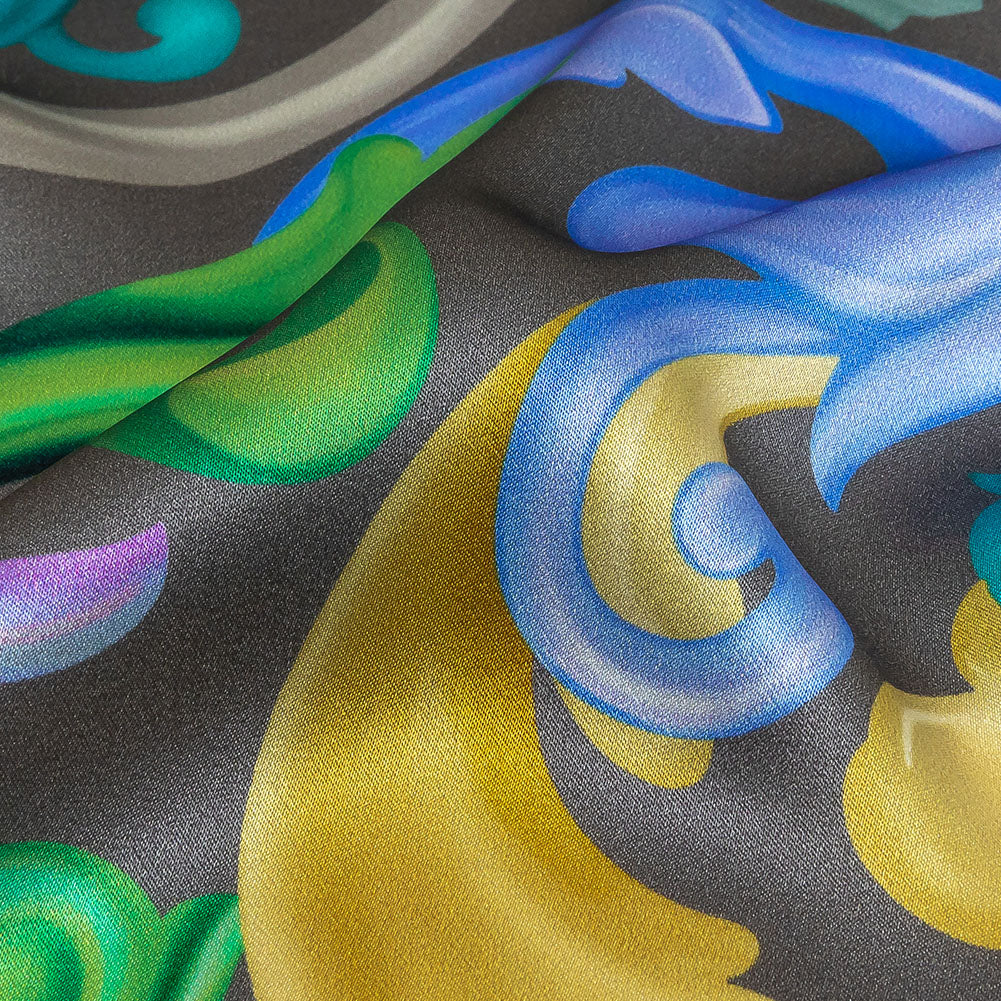 Mood Exclusive Italian Charcoal, Gold and Bougainvillea Ornate Swirls Silk Charmeuse - Detail Mood Exclusive Italian Charcoal, Gold and Bougainvillea Ornate Swirls Silk Charmeuse - Detail