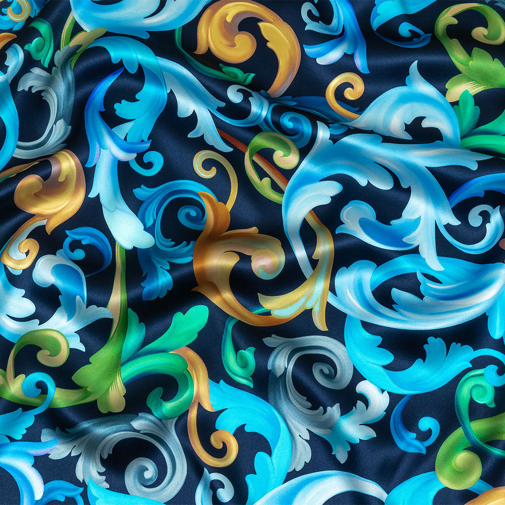 Mood Exclusive Italian Navy, Gold and Blue Ornate Swirls Silk Charmeuse Mood Exclusive Italian Navy, Gold and Blue Ornate Swirls Silk Charmeuse