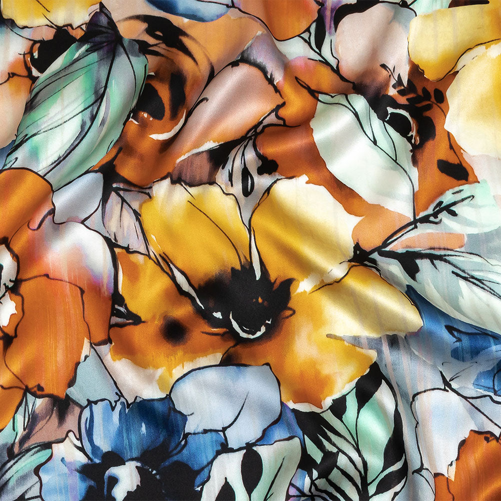 Mood Exclusive Italian Blue Gray, Harvest Pumpkin and Yellow Outlined Florals Silk Charmeuse Mood Exclusive Italian Blue Gray, Harvest Pumpkin and Yellow Outlined Florals Silk Charmeuse