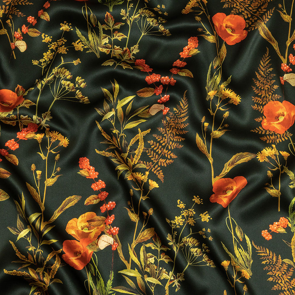 Mood Exclusive Italian Kombu Green, Red and Golden Yellow Botanical Silk Charmeuse Mood Exclusive Italian Kombu Green, Red and Golden Yellow Botanical Silk Charmeuse