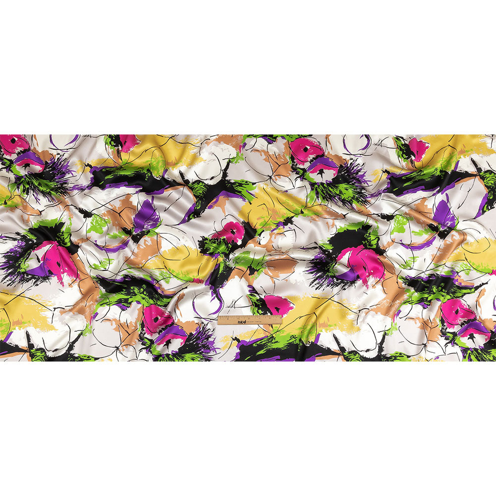 Mood Exclusive Italian Yellow, Raspberry Rose and Beige Linework and Brushstrokes Abstract Silk Charmeuse - Full Mood Exclusive Italian Yellow, Raspberry Rose and Beige Linework and Brushstrokes Abstract Silk Charmeuse - Full