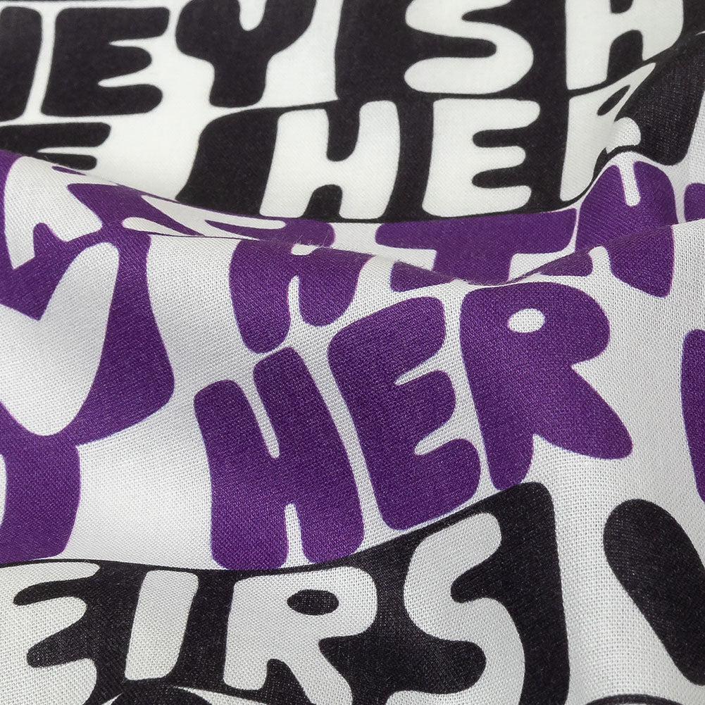 Mercerized Organic Egyptian Cotton Voile - Black, Purple and Yellow Pronoun Stripes - More Than Words Print - Mood Exclusive Pride Collection Detail Mercerized Organic Egyptian Cotton Voile - Black, Purple and Yellow Pronoun Stripes - More Than Words Print - Mood Exclusive Pride Collection Detail