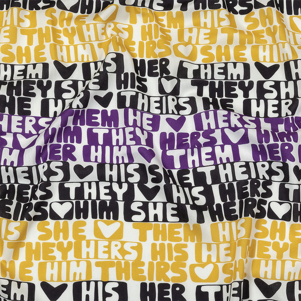 Mercerized Organic Egyptian Cotton Voile - Black, Purple and Yellow Pronoun Stripes - More Than Words Print - Mood Exclusive Pride Collection Mercerized Organic Egyptian Cotton Voile - Black, Purple and Yellow Pronoun Stripes - More Than Words Print - Mood Exclusive Pride Collection
