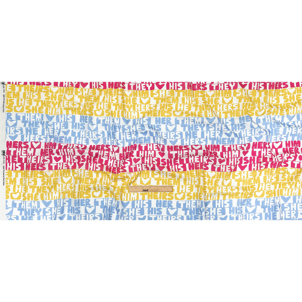 Mercerized Organic Egyptian Cotton Voile - Pink, Yellow and Blue Pronoun Stripes - More Than Words Print - Mood Exclusive Pride Collection Full Mercerized Organic Egyptian Cotton Voile - Pink, Yellow and Blue Pronoun Stripes - More Than Words Print - Mood Exclusive Pride Collection Full