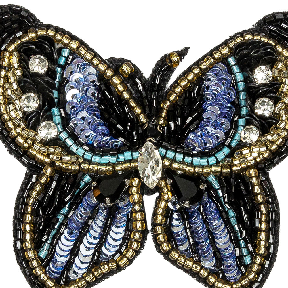 Blue Radiance and Black Butterfly Rhinestone and Glass Beaded Applique - 2.5" X 2.875" Detail Blue Radiance and Black Butterfly Rhinestone and Glass Beaded Applique - 2.5" X 2.875" Detail