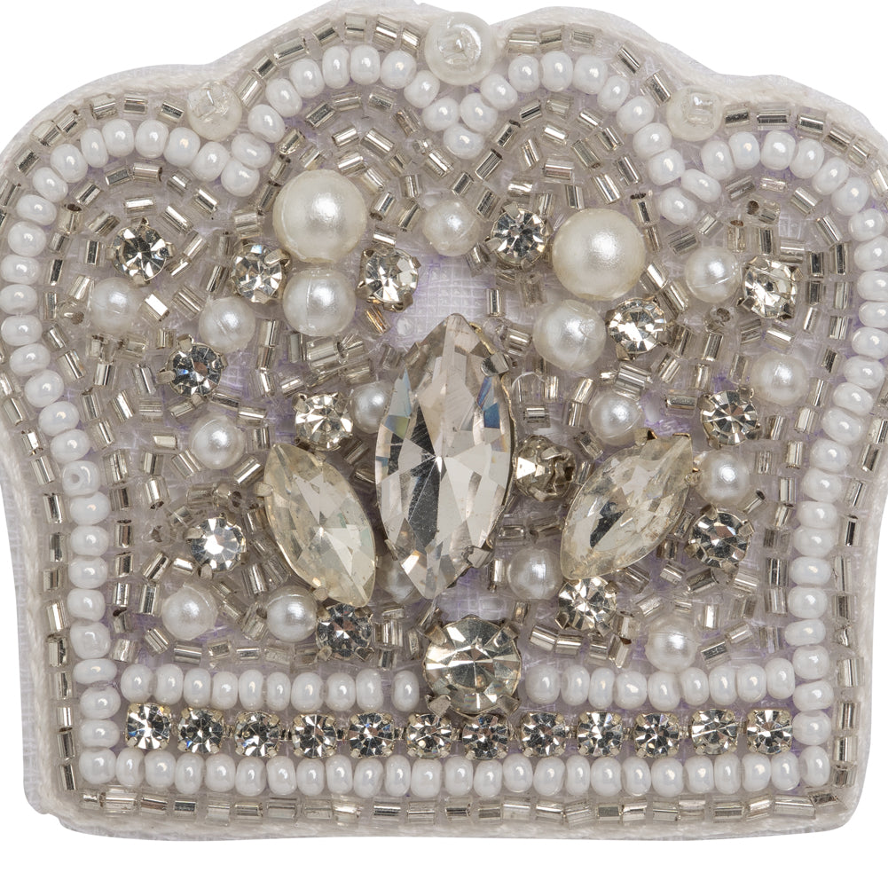 White and Silver Pearled Crown Rhinestone and Glass Beaded Applique - 1.625" X 2" Detail White and Silver Pearled Crown Rhinestone and Glass Beaded Applique - 1.625" X 2" Detail