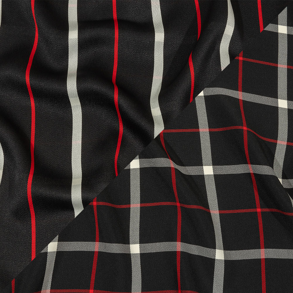 Balenciaga Italian Black, Star White and Red Checked and Striped Double Faced Fluid Viscose Crepe Back Twill Balenciaga Italian Black, Star White and Red Checked and Striped Double Faced Fluid Viscose Crepe Back Twill