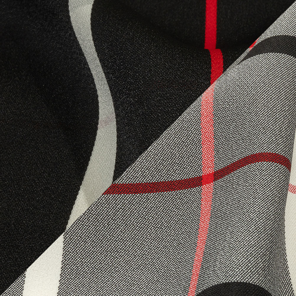 Balenciaga Italian Star White, Red and Black Checked and Striped Double Face Fluid Viscose Crepe Back Twill Detail Balenciaga Italian Star White, Red and Black Checked and Striped Double Face Fluid Viscose Crepe Back Twill Detail