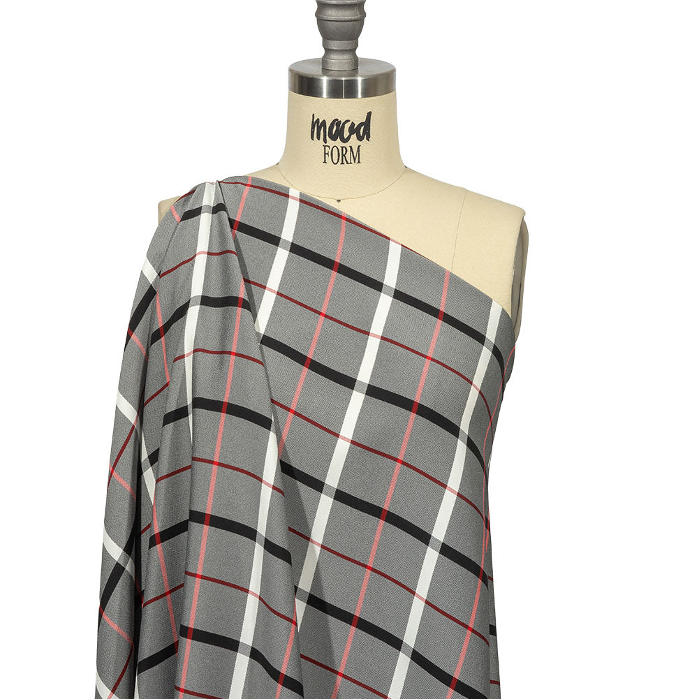 Balenciaga Italian Star White, Red and Black Checked and Striped Double Face Fluid Viscose Crepe Back Twill Drape Balenciaga Italian Star White, Red and Black Checked and Striped Double Face Fluid Viscose Crepe Back Twill Drape
