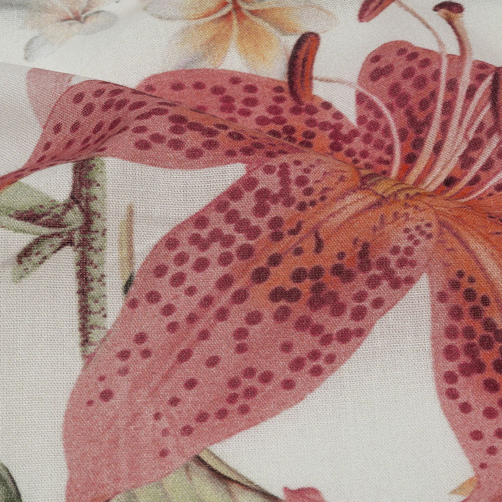 Mercerized Organic Egyptian Cotton Voile - Green, Pink and White Tropical Flowers - Toulouse Collection - Detail Mercerized Organic Egyptian Cotton Voile - Green, Pink and White Tropical Flowers - Toulouse Collection - Detail
