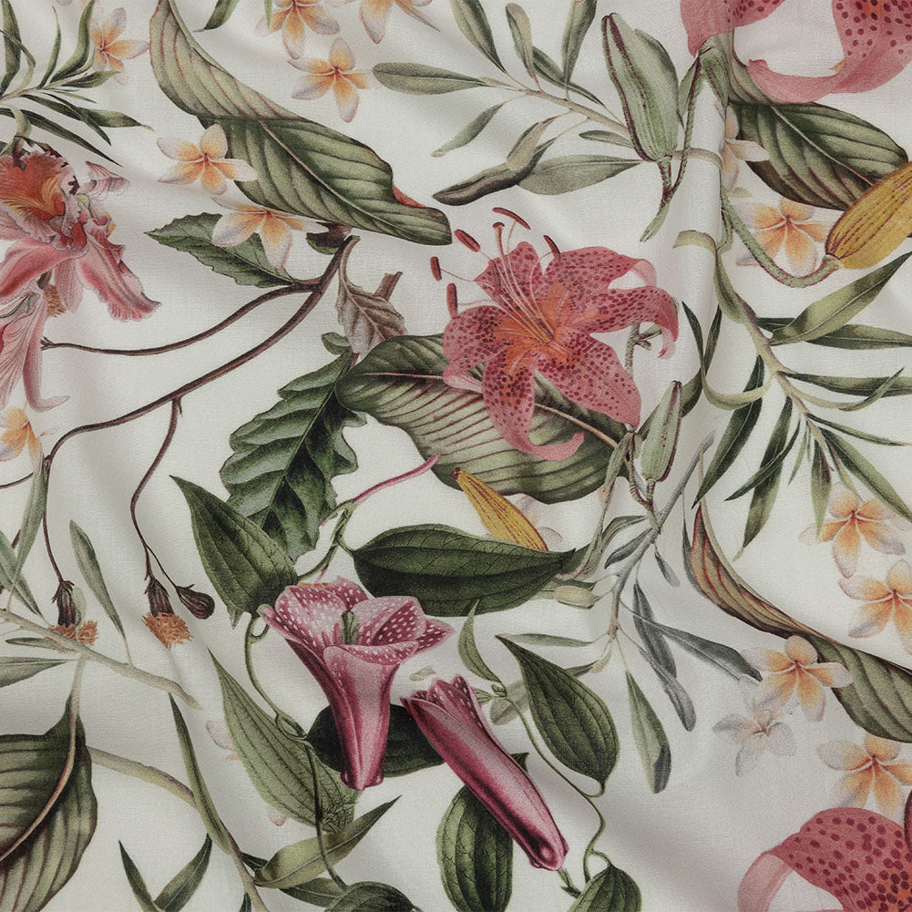 Mercerized Organic Egyptian Cotton Voile - Green, Pink and White Tropical Flowers - Toulouse Collection Mercerized Organic Egyptian Cotton Voile - Green, Pink and White Tropical Flowers - Toulouse Collection