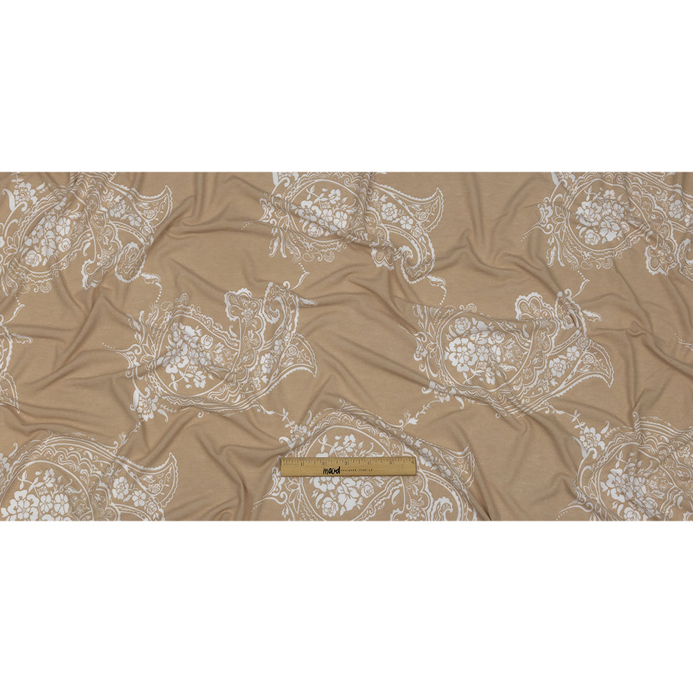 Beige and White Fancy Paisley Polyester and Rayon Jersey Drape Beige and White Fancy Paisley Polyester and Rayon Jersey Drape