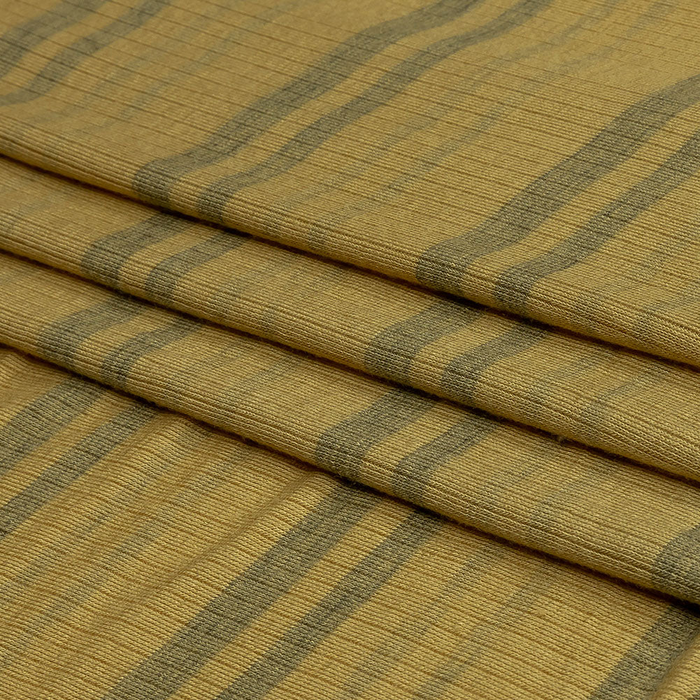 Ochre and Charcoal Striped Stretch Rayon Rib Knit Full Ochre and Charcoal Striped Stretch Rayon Rib Knit Full