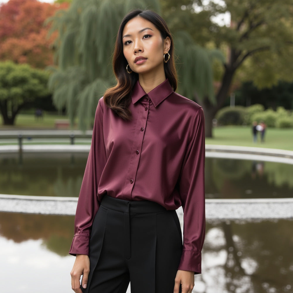 Sustainable Viscose Fluid Satin - Burgundy - Mood Exclusive Elliana Collection - Editorial Sustainable Viscose Fluid Satin - Burgundy - Mood Exclusive Elliana Collection - Editorial