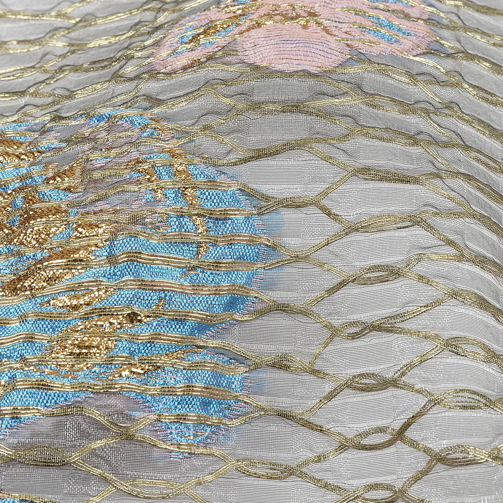 Metallic Bright Gold, Pink-a-boo and Bonnie Blue Florals and Latticework Sheer Luxury Brocade - Detail Metallic Bright Gold, Pink-a-boo and Bonnie Blue Florals and Latticework Sheer Luxury Brocade - Detail