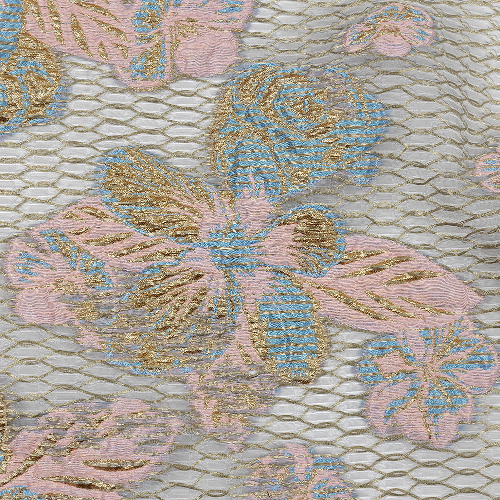 Metallic Bright Gold, Pink-a-boo and Bonnie Blue Florals and Latticework Sheer Luxury Brocade Metallic Bright Gold, Pink-a-boo and Bonnie Blue Florals and Latticework Sheer Luxury Brocade