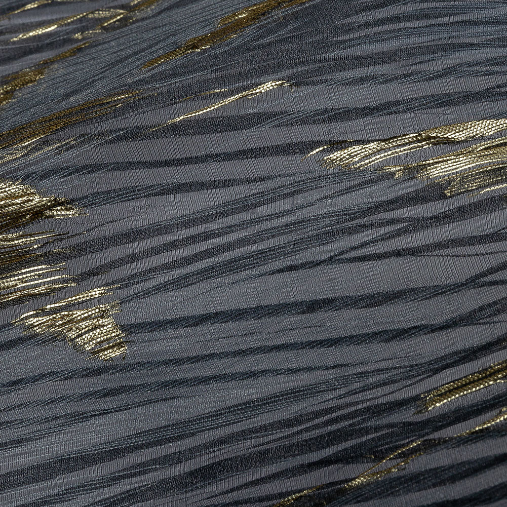 Metallic Gold and Steel Leafy Stems Luxury Plisse Brocade with Scalloped Edges - Detail Metallic Gold and Steel Leafy Stems Luxury Plisse Brocade with Scalloped Edges - Detail