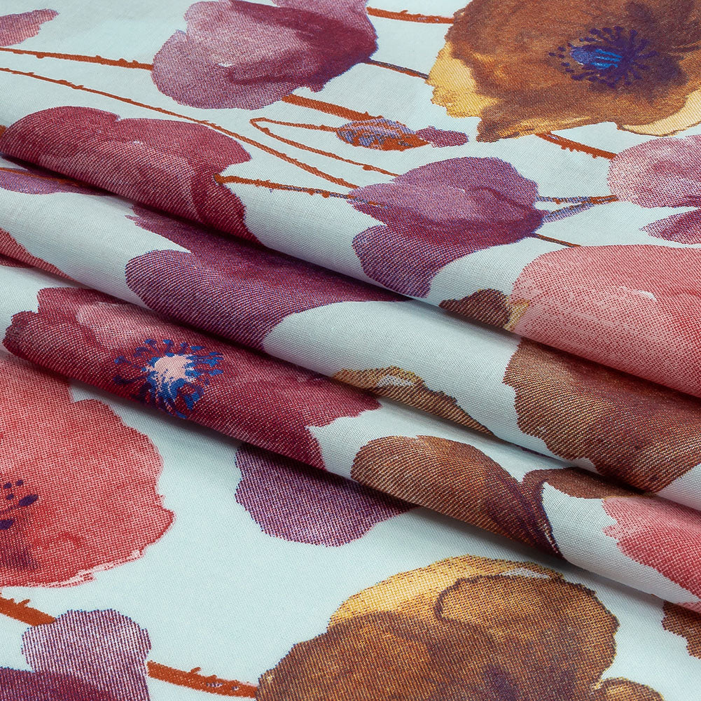 Pink, Purple and Sky Painterly Blooms Cotton Lawn - Folded Pink, Purple and Sky Painterly Blooms Cotton Lawn - Folded