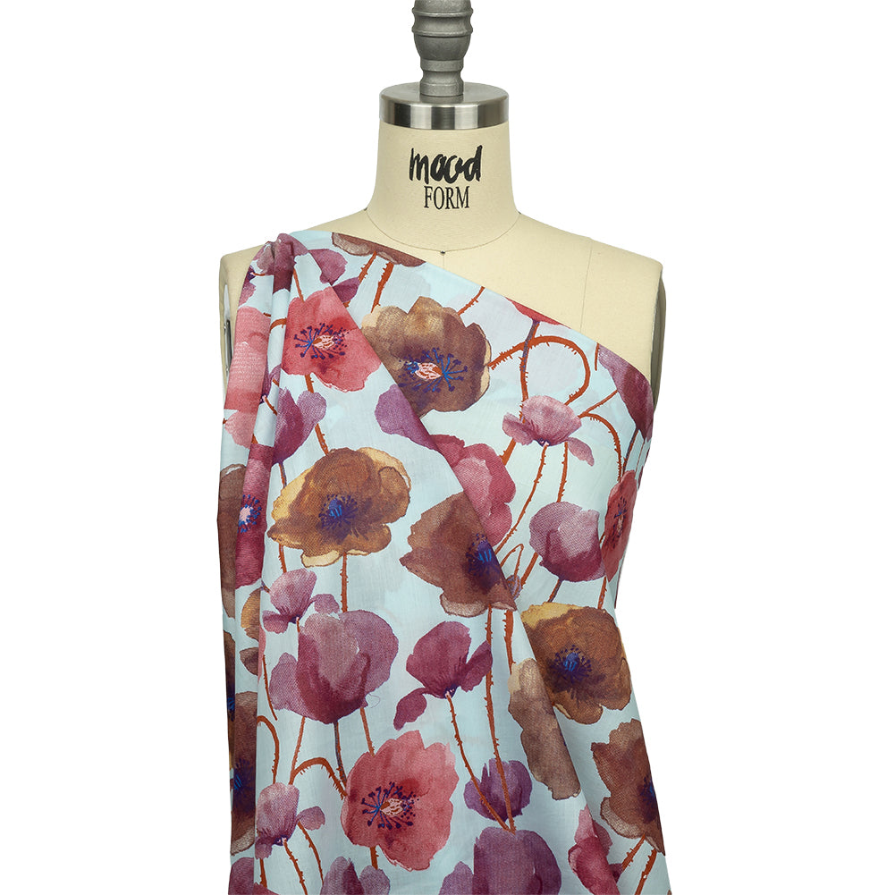 Pink, Purple and Sky Painterly Blooms Cotton Lawn - Drape Pink, Purple and Sky Painterly Blooms Cotton Lawn - Drape