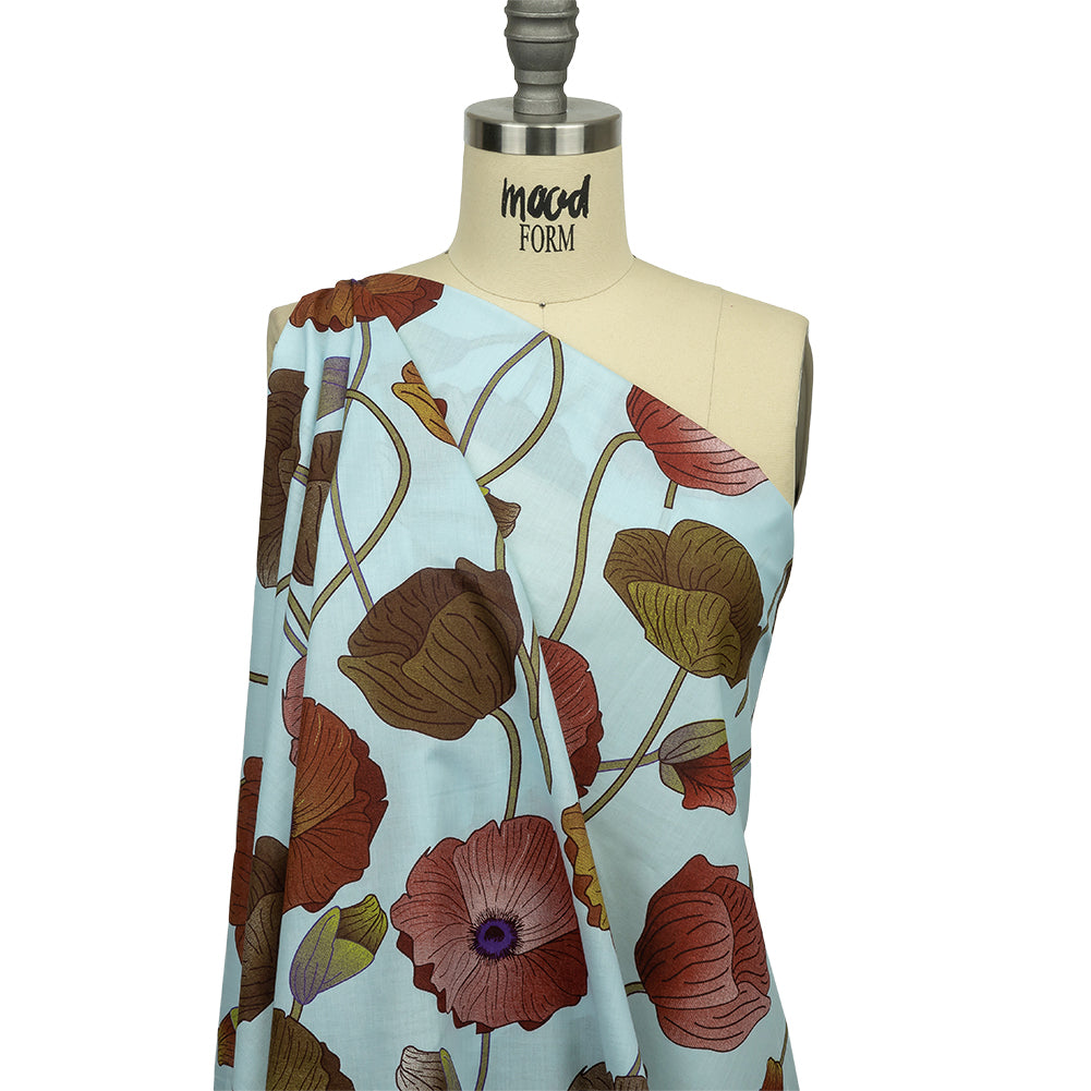 Sky, Olive and Red Big Poppies Cotton Lawn - Drape Sky, Olive and Red Big Poppies Cotton Lawn - Drape
